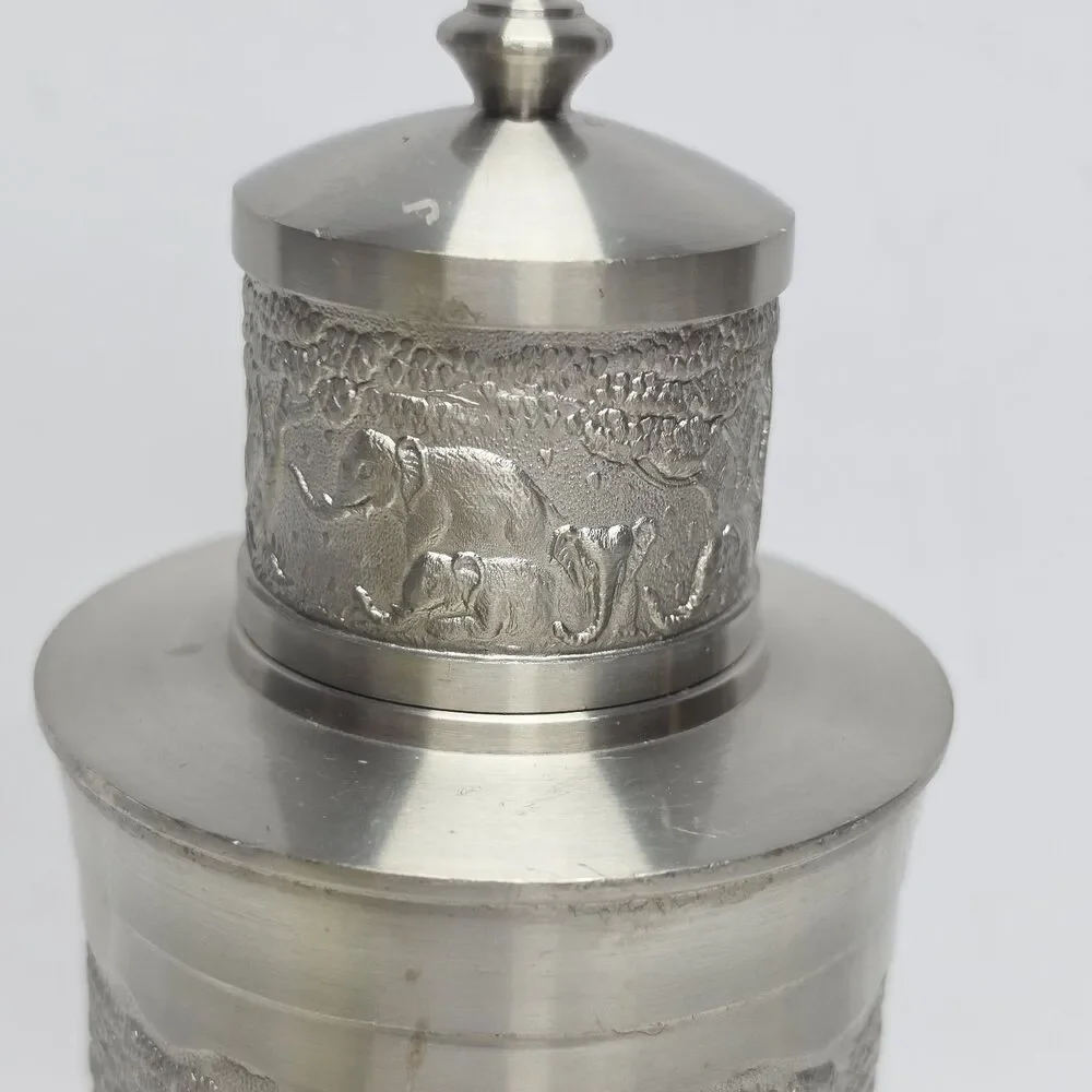 Vintage Bangkok Pewter Thailand Tea Coffee Caddy Container Elephants Embossed